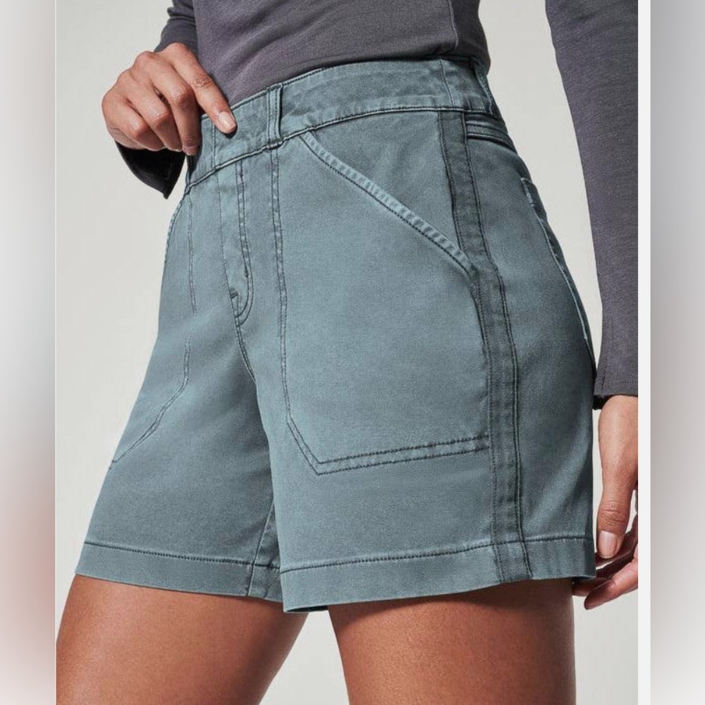 SPANX pull-on shorts in dusty blue with a 6 inch inseam.